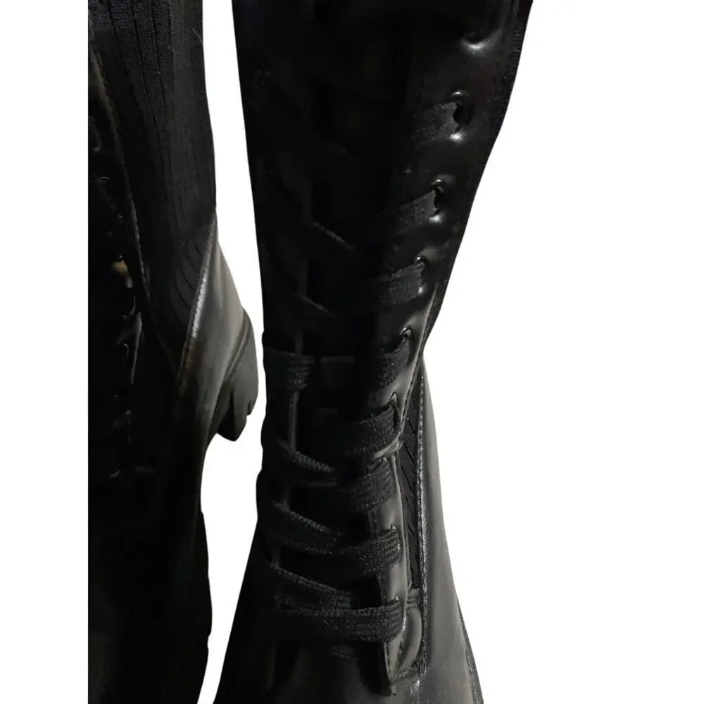 TOP MODA WO SIZE 10 MOTO CHUNKY HEEL BOOTS‎  LACEUP BLACK FAUX LEATHER CLEAN EUC